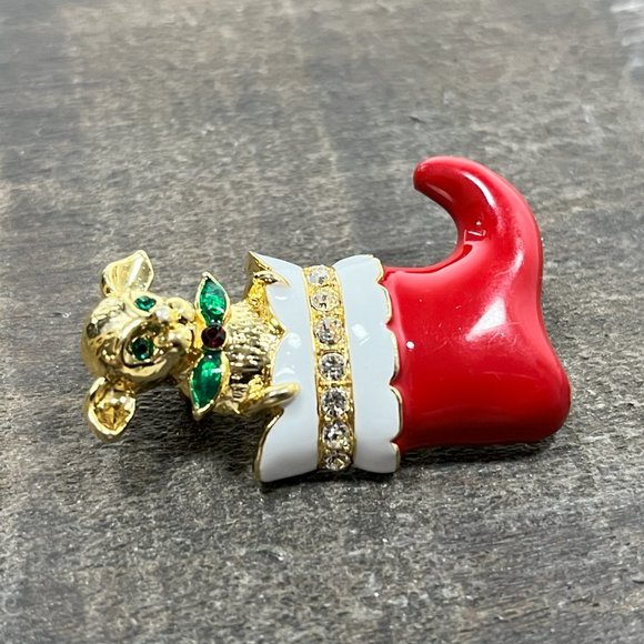 Cute Vintage Gold Tone Christmas Puppy in Stocking Red Boot Brooch Pin - Picture 3 of 9